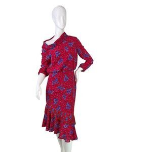 SALONI Lexie Silk Midi Dress in Scarlet Posey Floral , Off-the-Shoulder, Sz US 6